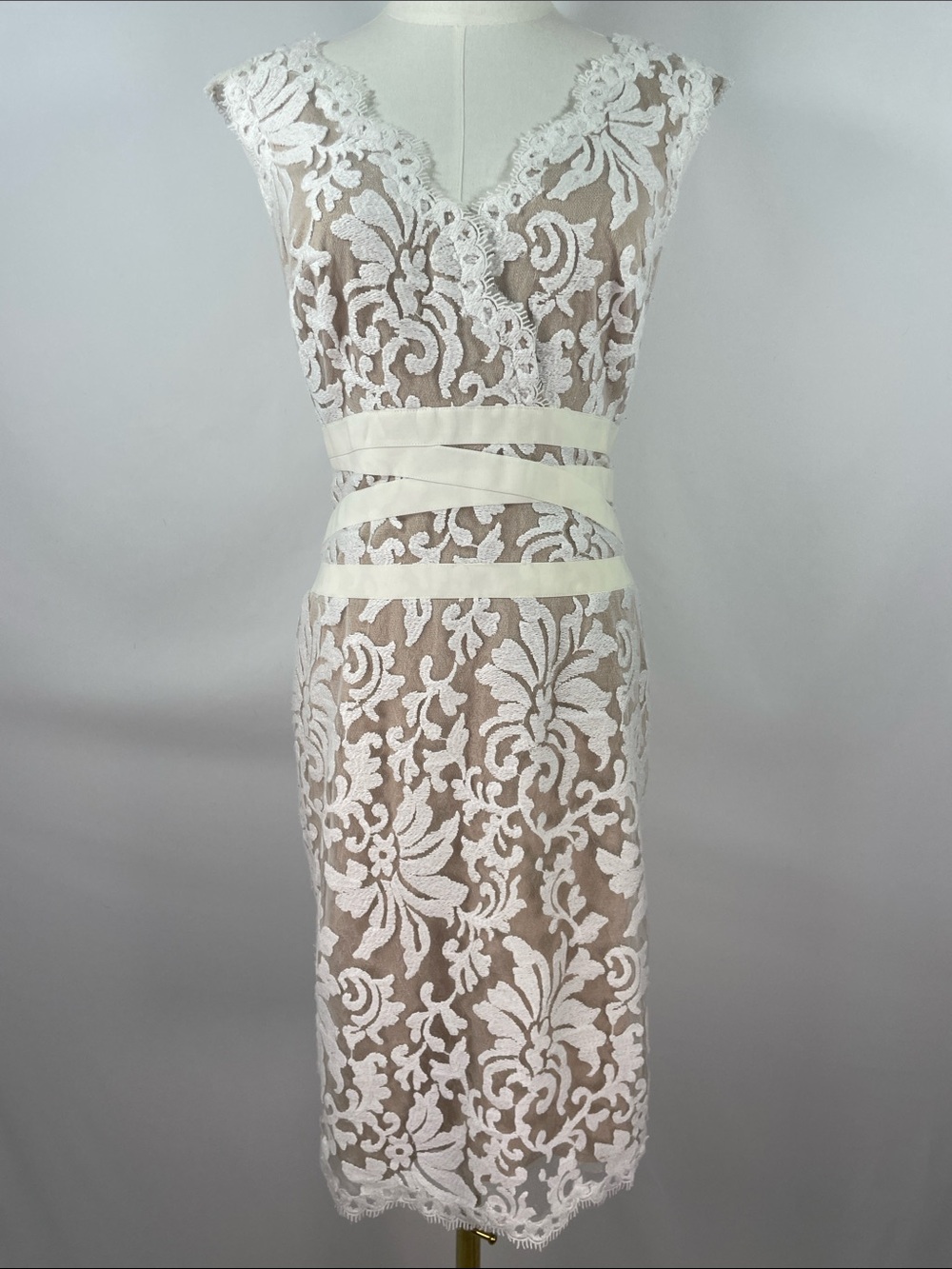 Tadashi Shoji Embroidered Lace Pintuck Bandage Sheath Midi Dress 2 White Nude